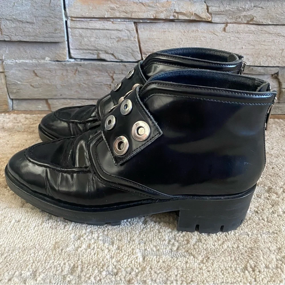 Sandro Black Leather Ankle Boots Booties Moto Stud Heeled Lug Sole Chunky: 37